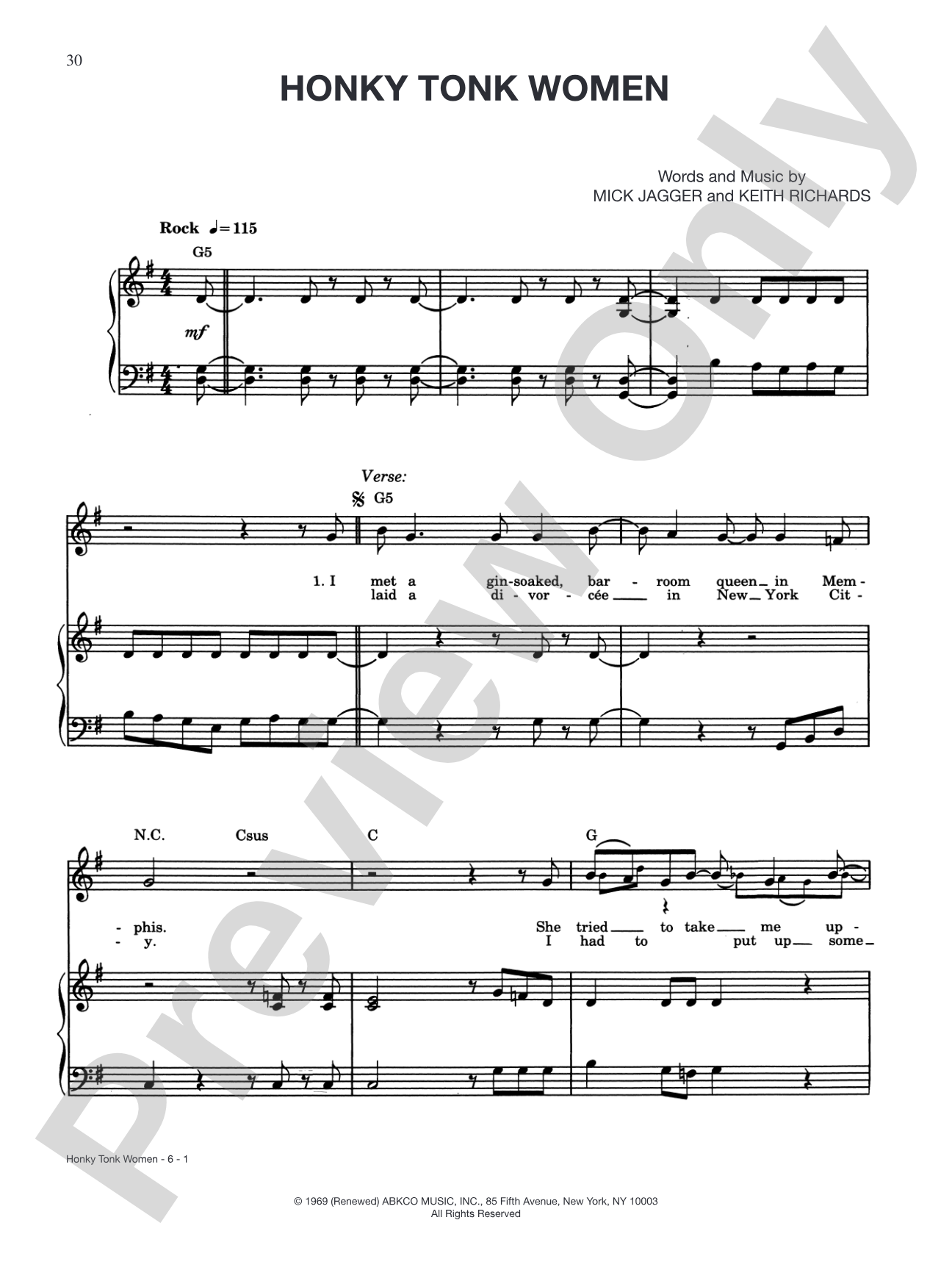 Honky Tonk Women: Piano/Vocal/Chords