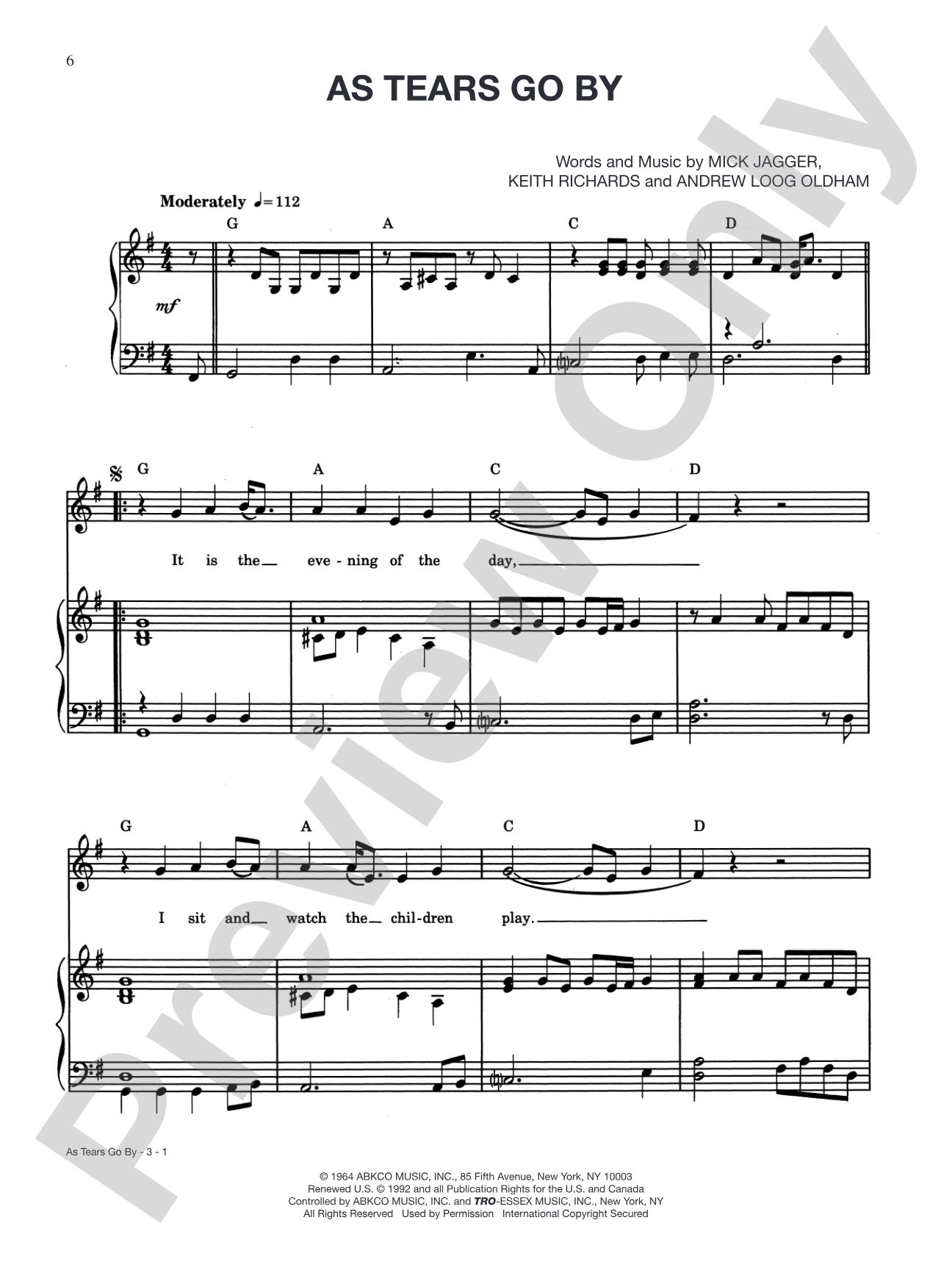 As Tears Go By: Piano/Vocal/Chords