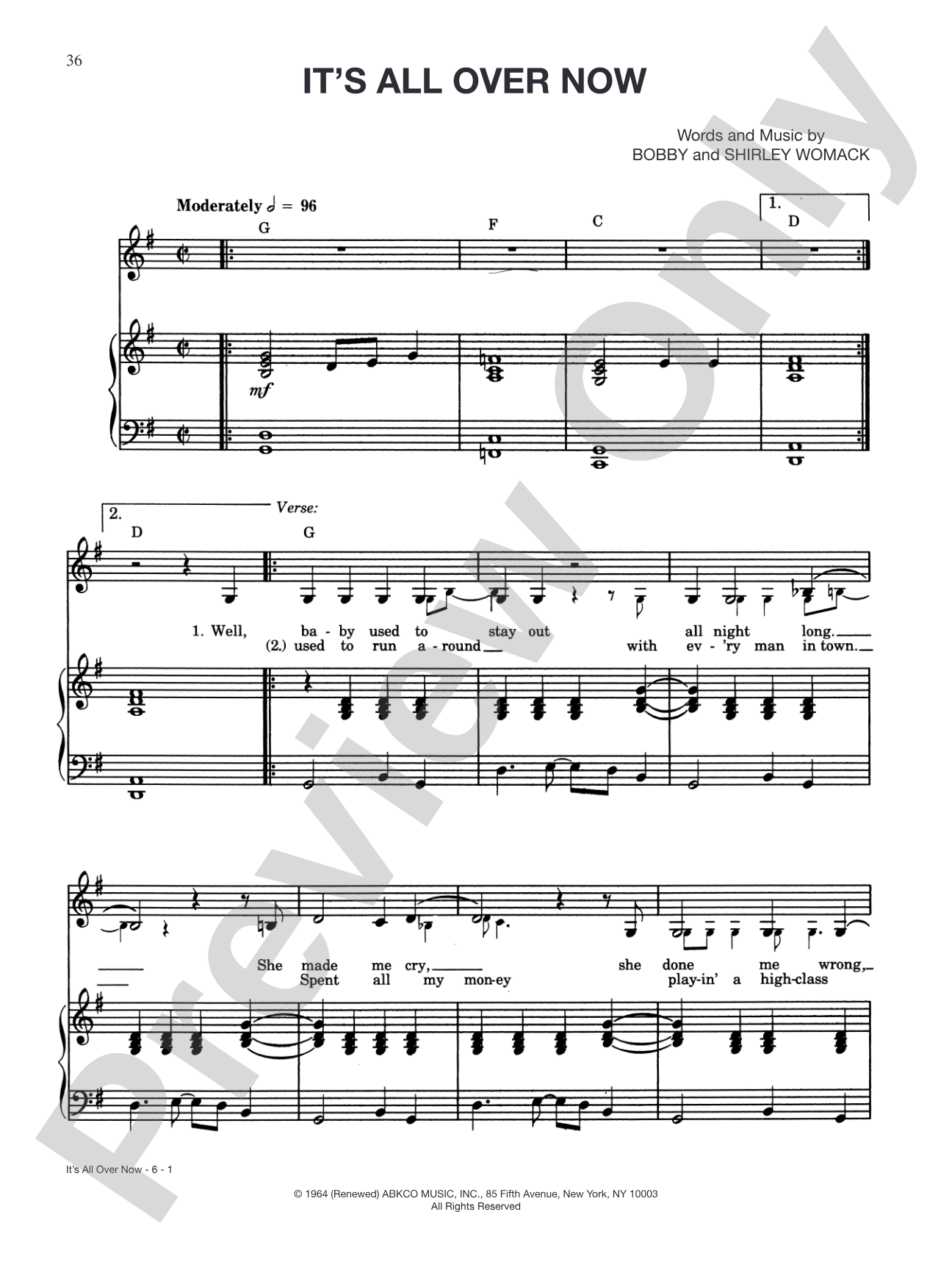 It's All Over Now: Piano/Vocal/Chords