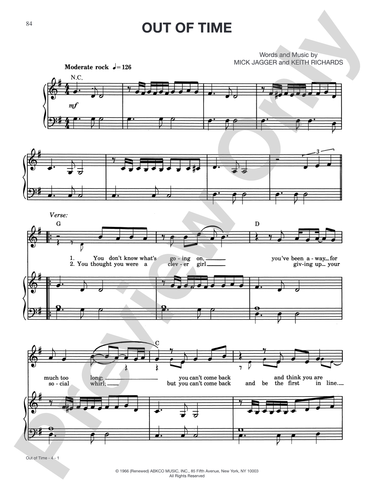 Out of Time: Piano/Vocal/Chords