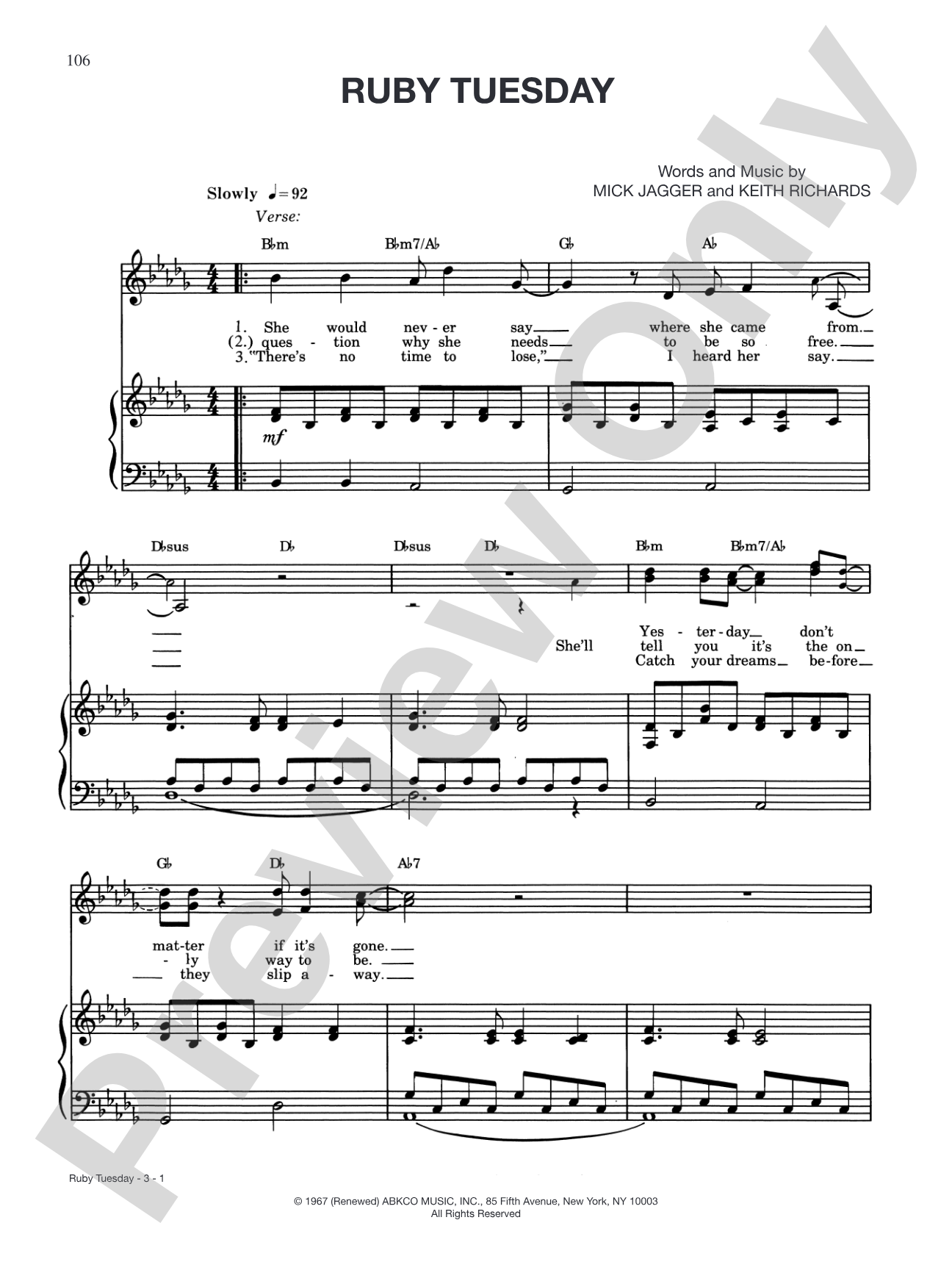 Ruby Tuesday: Piano/Vocal/Chords