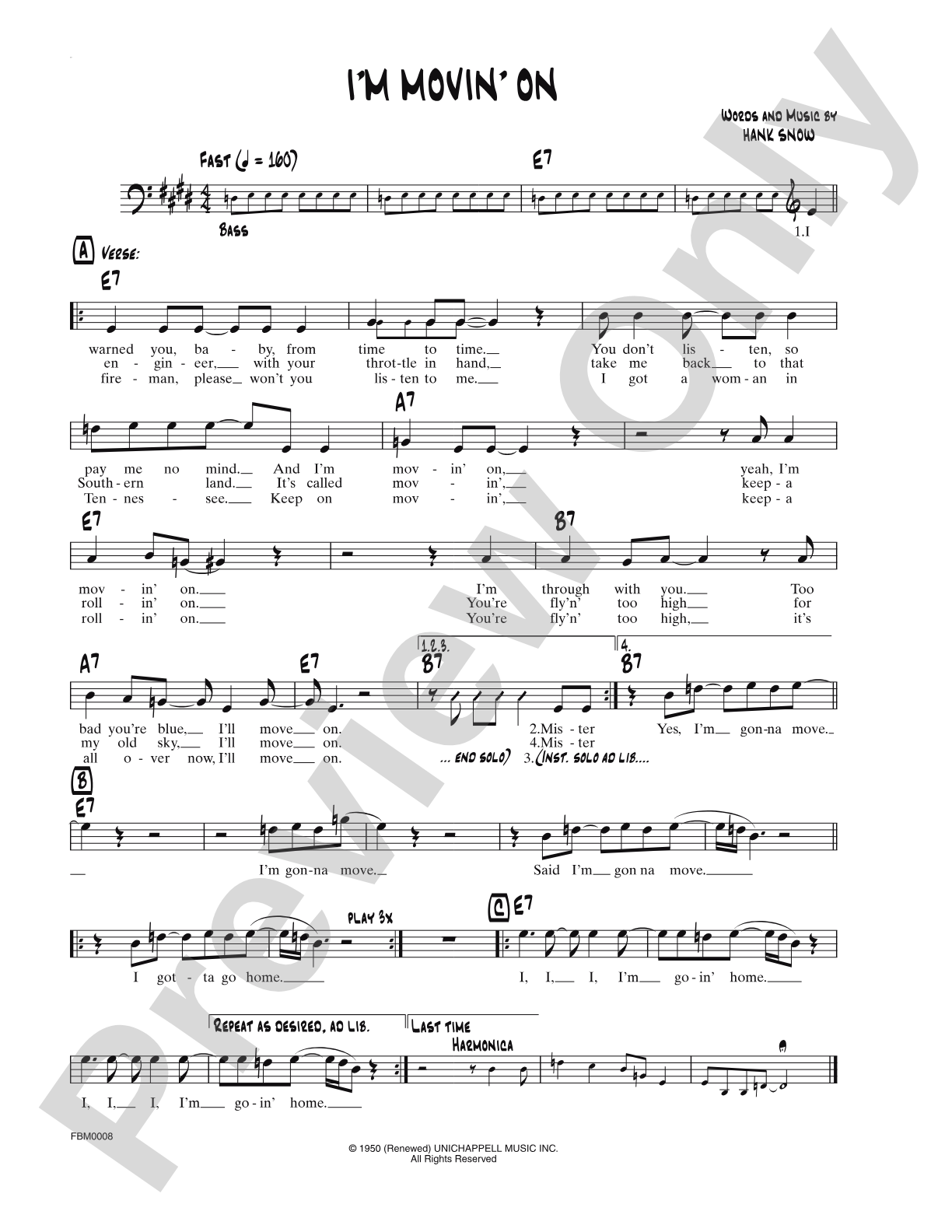 I'm Movin' On: Lead Sheet