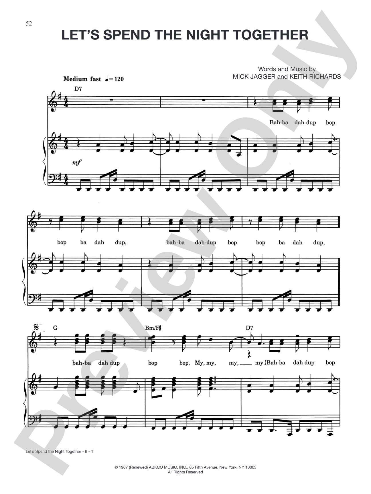 Let's Spend the Night Together: Piano/Vocal/Chords