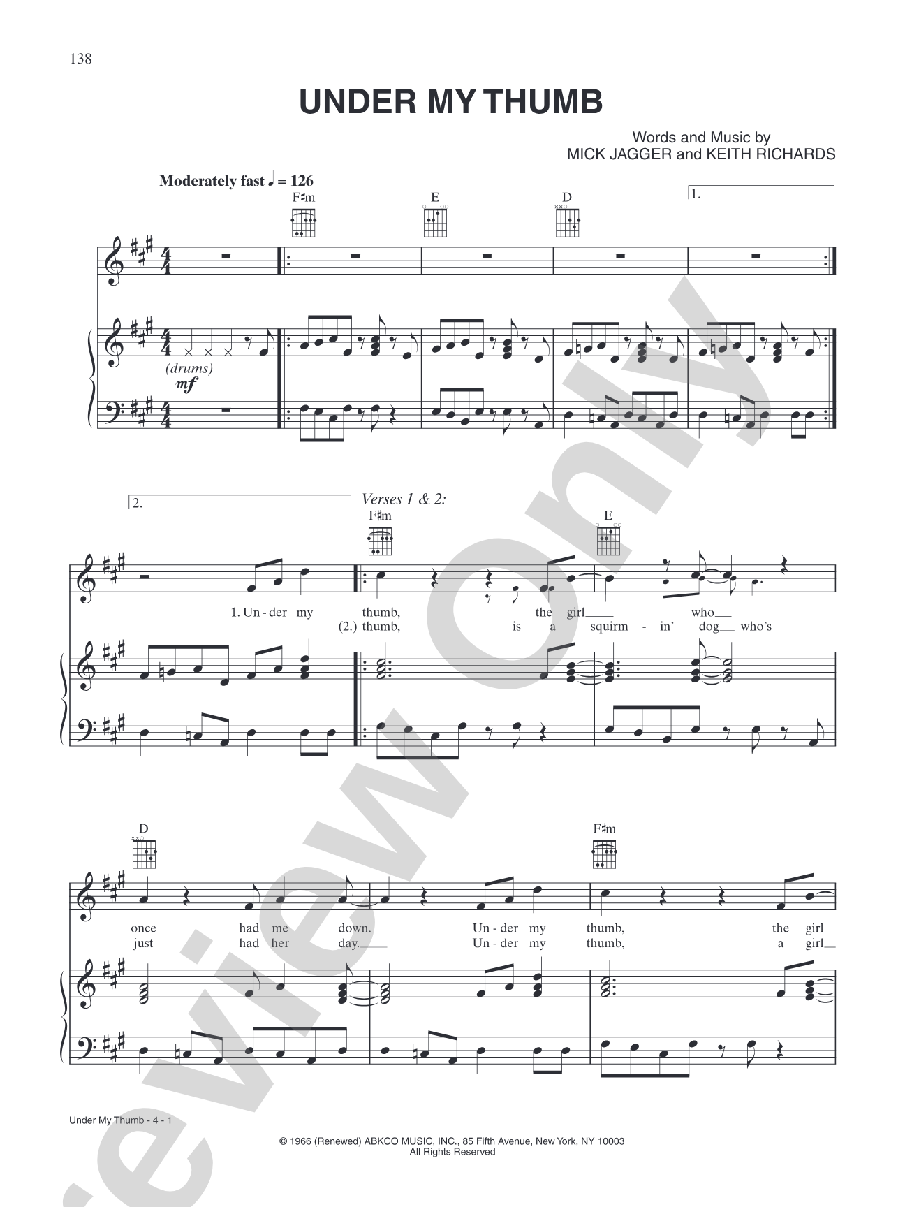 Under My Thumb: Piano/Vocal/Chords