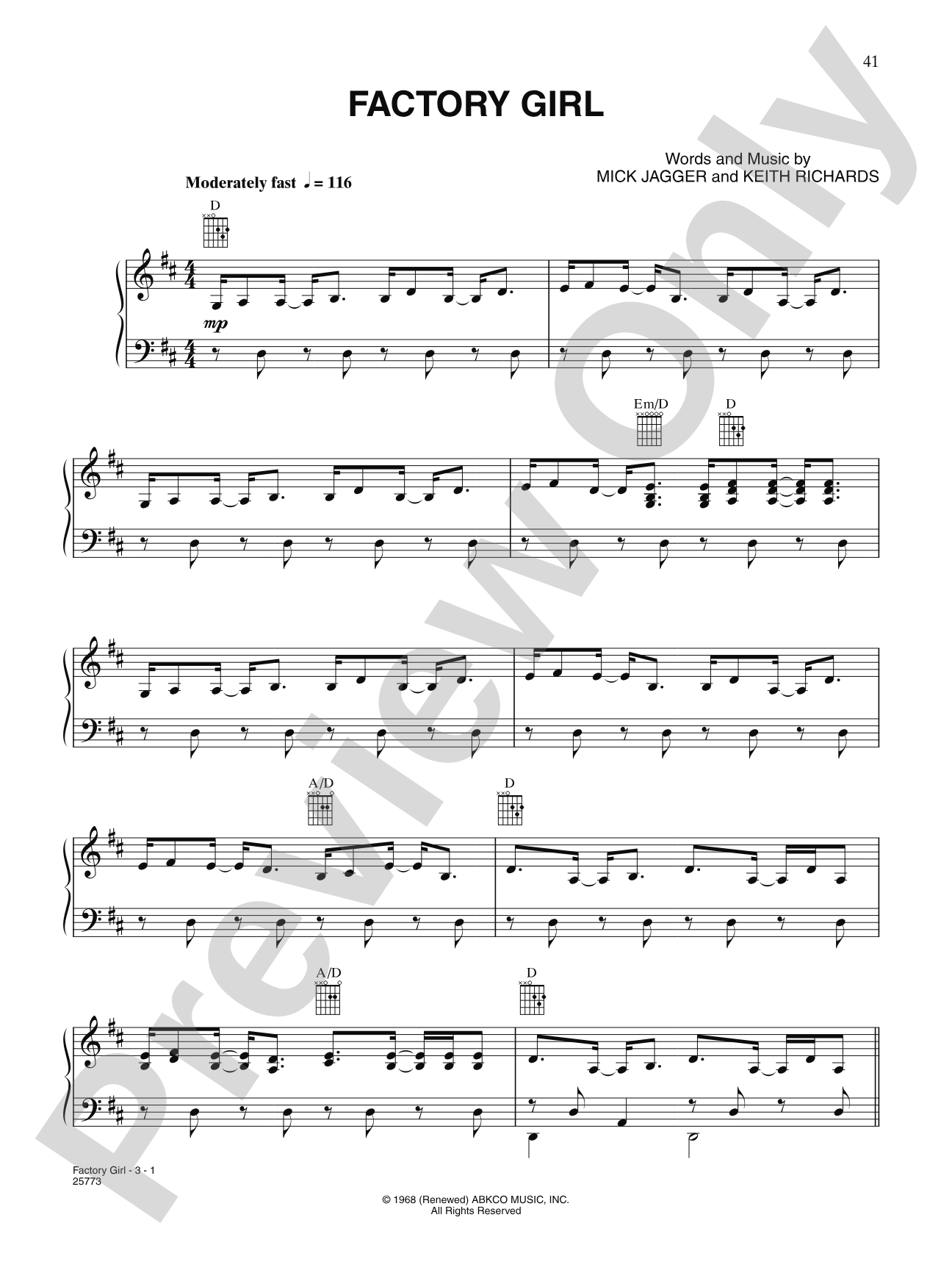 Factory Girl: Piano/Vocal/Chords