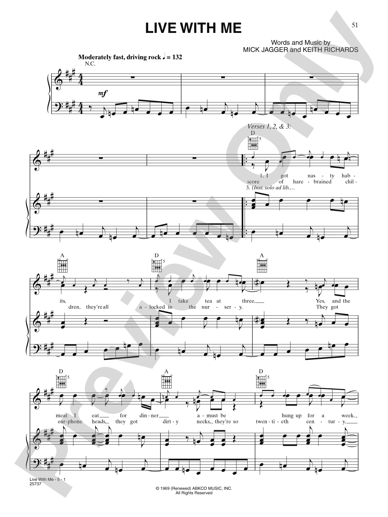 Live With Me: Piano/Vocal/Chords