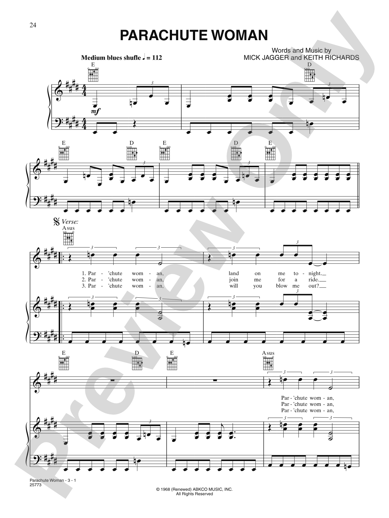 Parachute Woman: Piano/Vocal/Chords