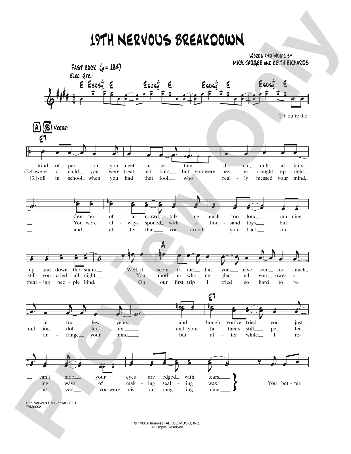 19th Nervous Breakdown: Lead Sheet