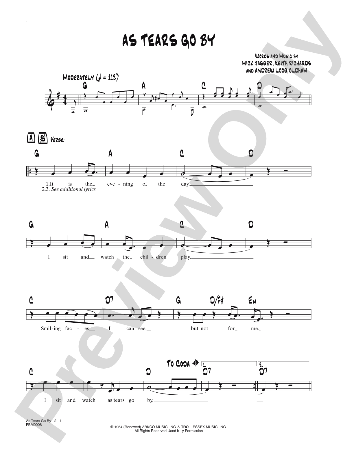 As Tears Go By: Lead Sheet