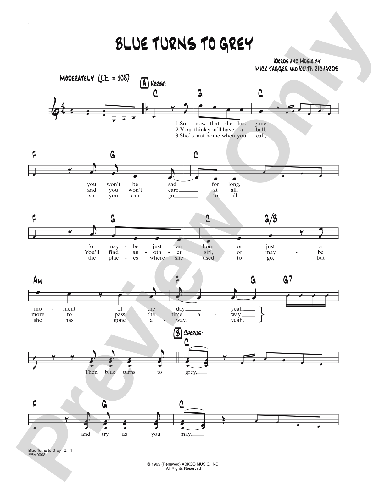 Blue Turns to Grey: Lead Sheet