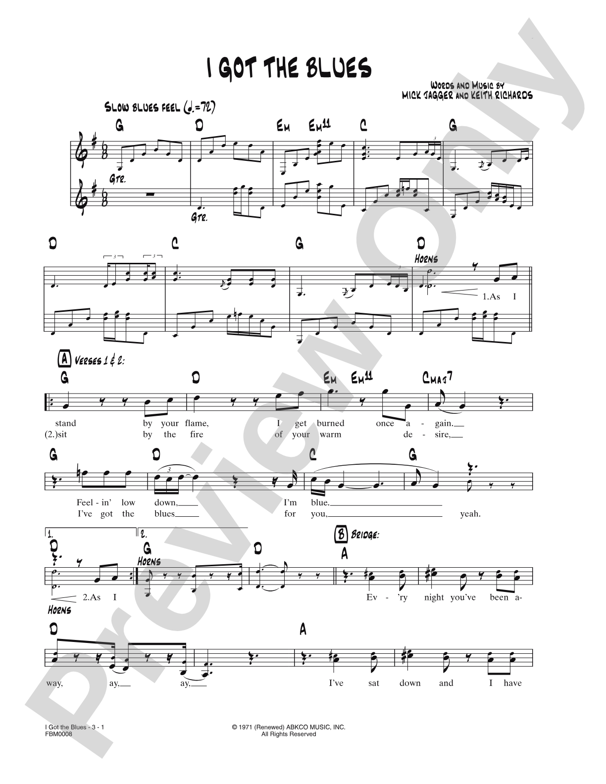 I Got the Blues: Lead Sheet