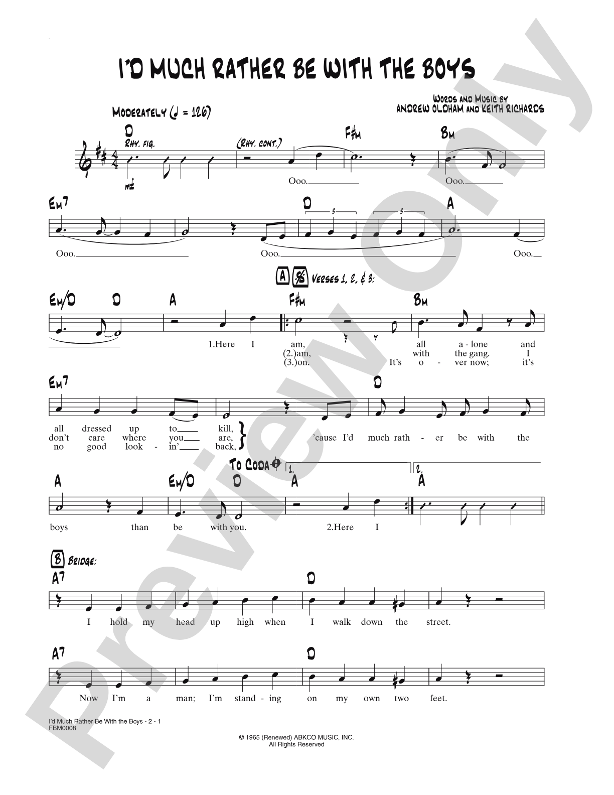 I'd Much Rather Be with the Boys: Lead Sheet