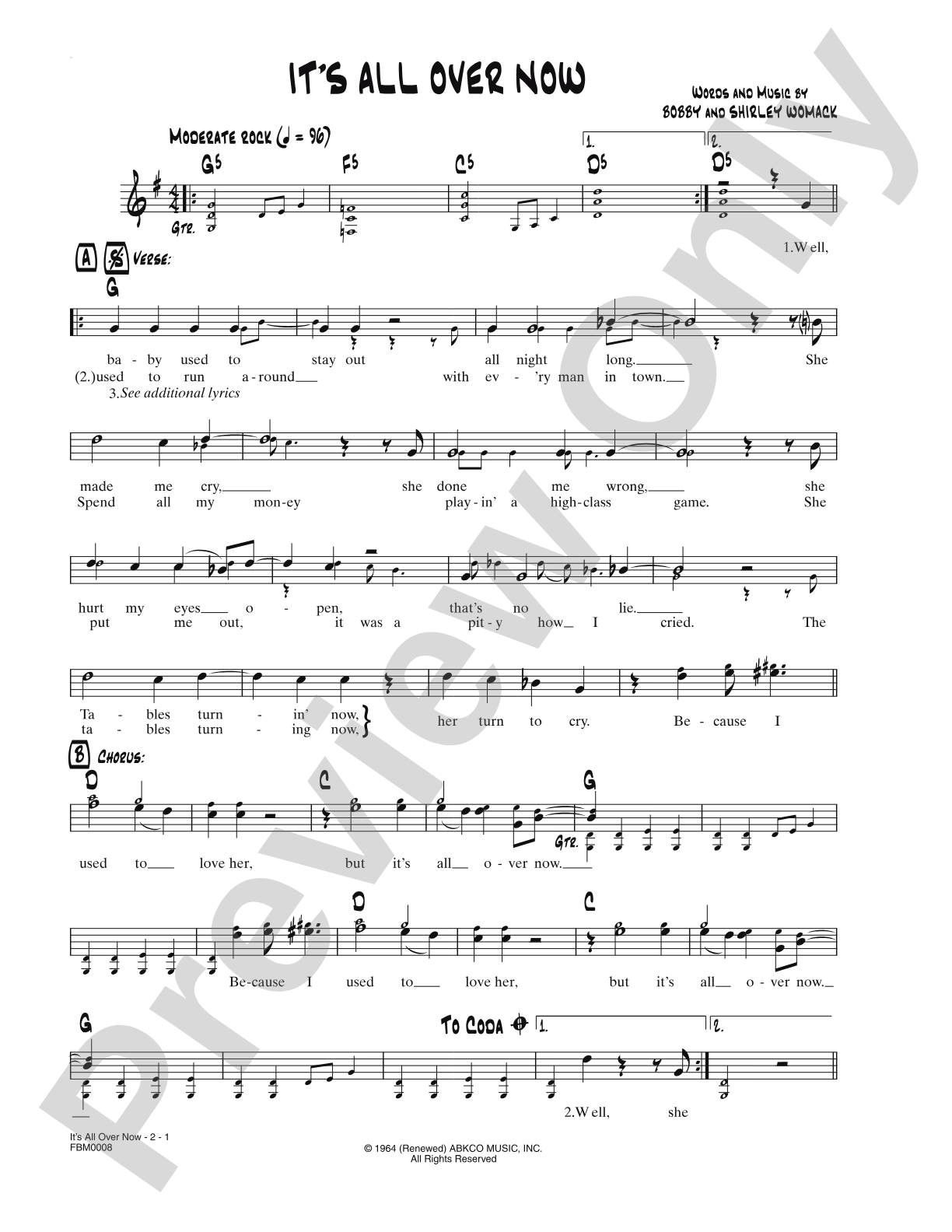 It's All Over Now: Lead Sheet