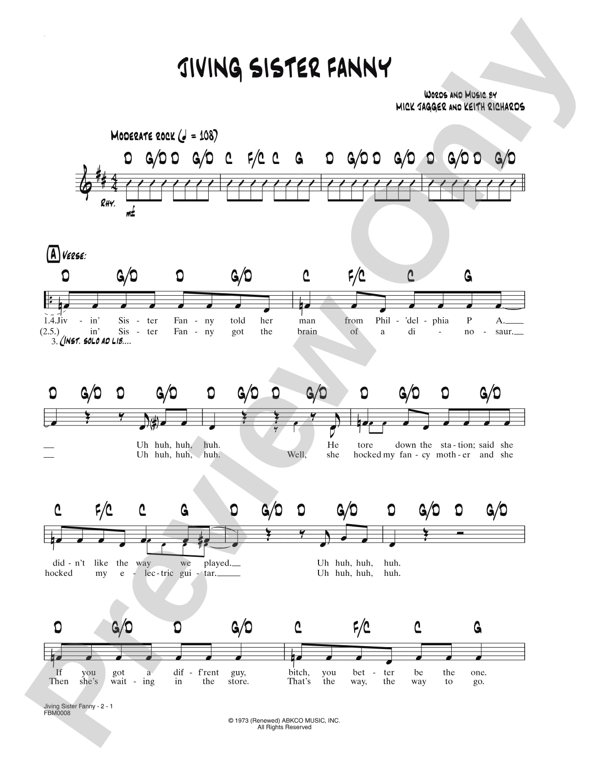 Jiving Sister Fanny: Lead Sheet