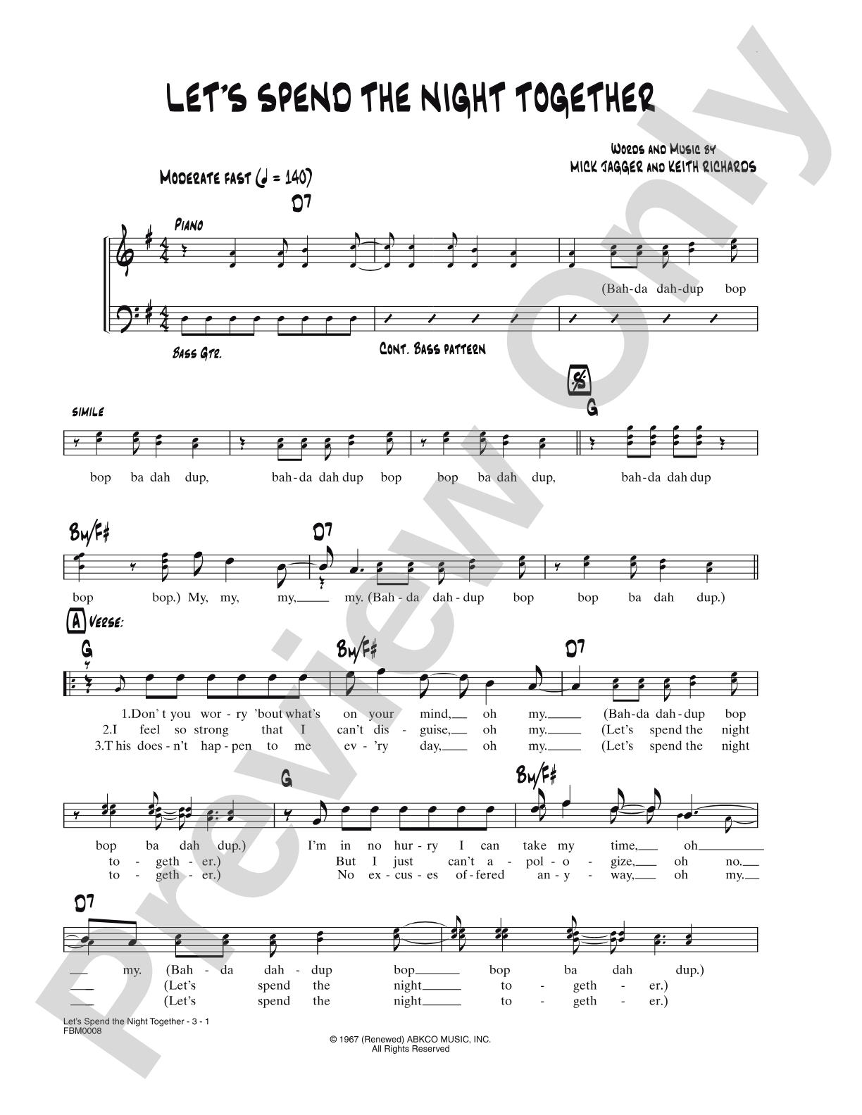 Let's Spend the Night Together: Lead Sheet