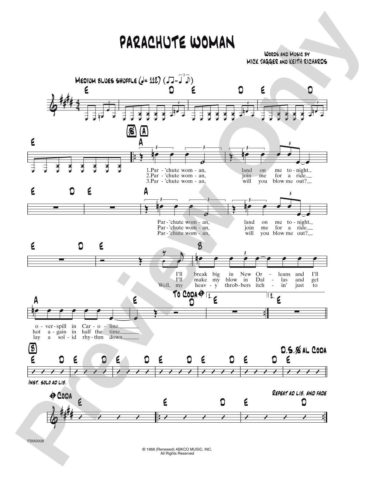 Parachute Woman: Lead Sheet