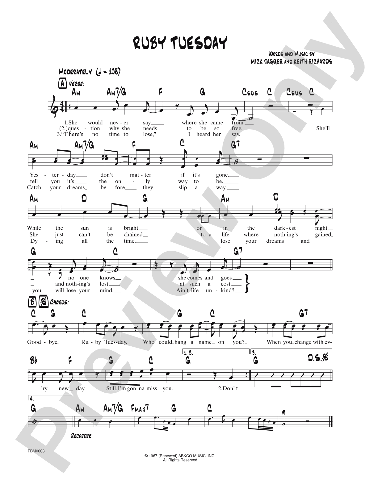 Ruby Tuesday: Lead Sheet