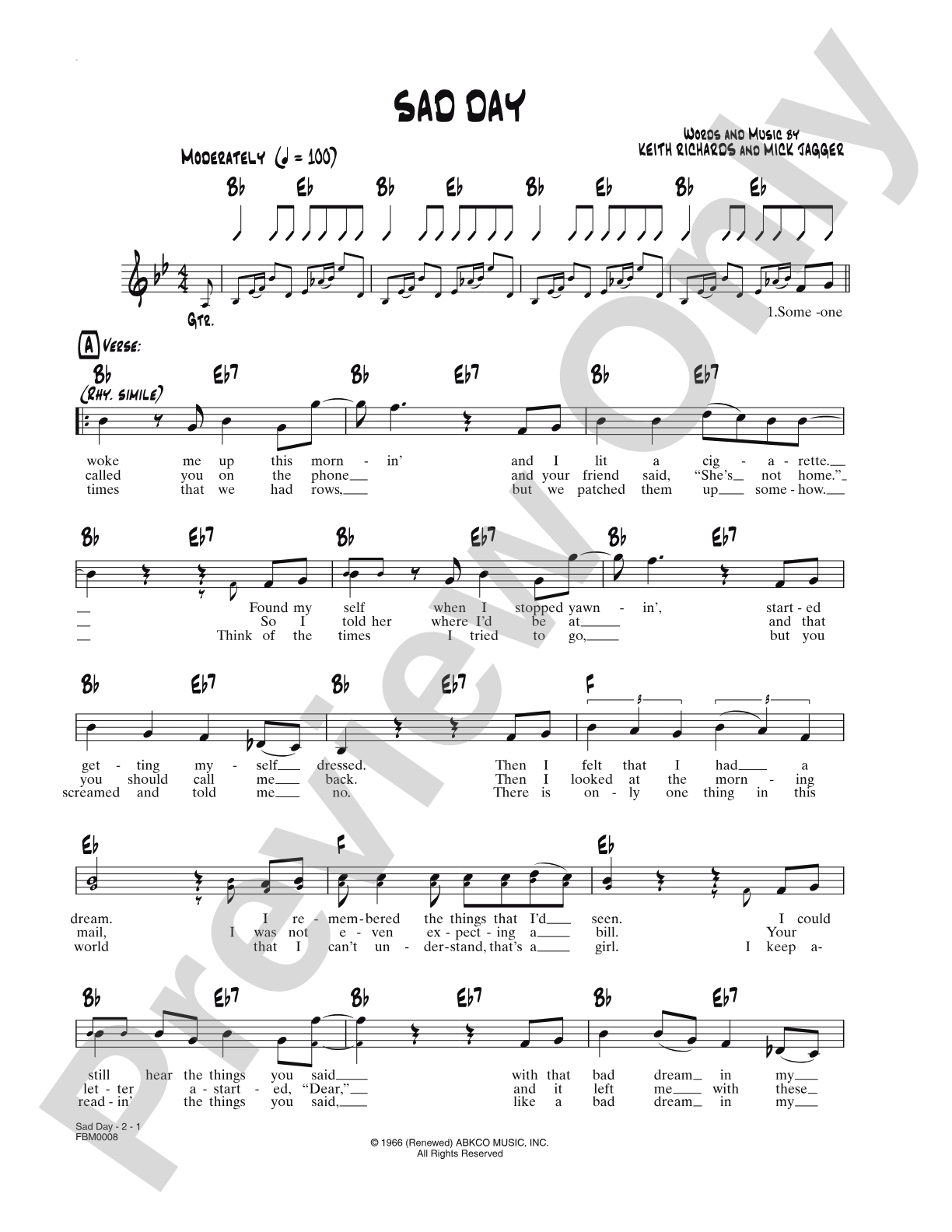Sad Day: Lead Sheet