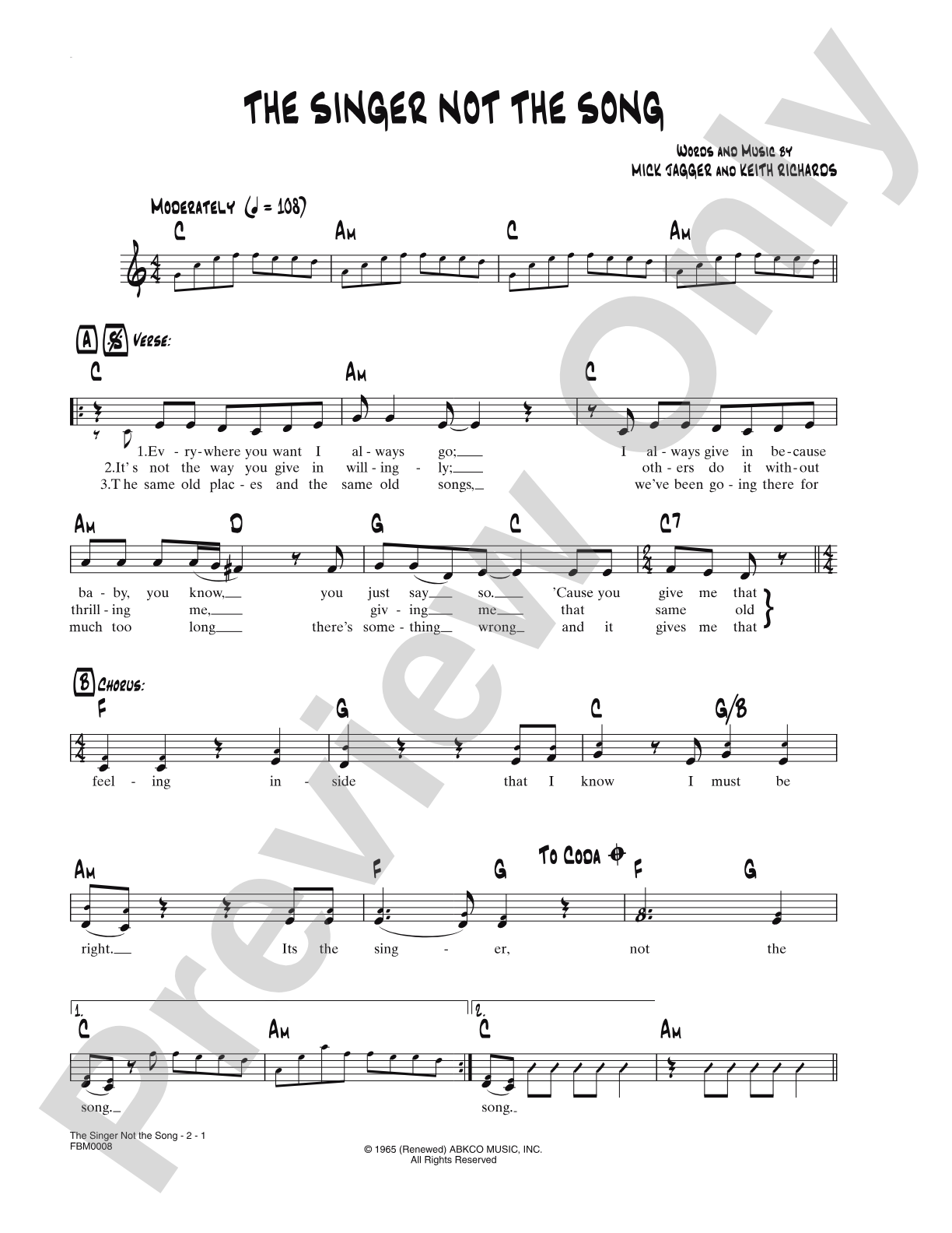 The Singer Not the Song: Lead Sheet