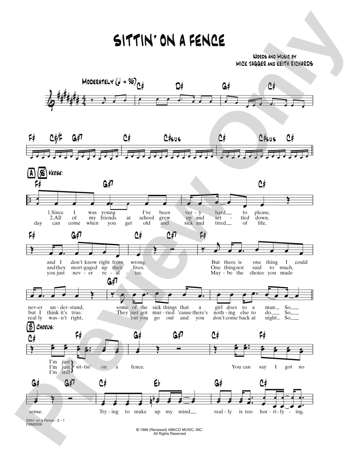 Sittin' on a Fence: Lead Sheet