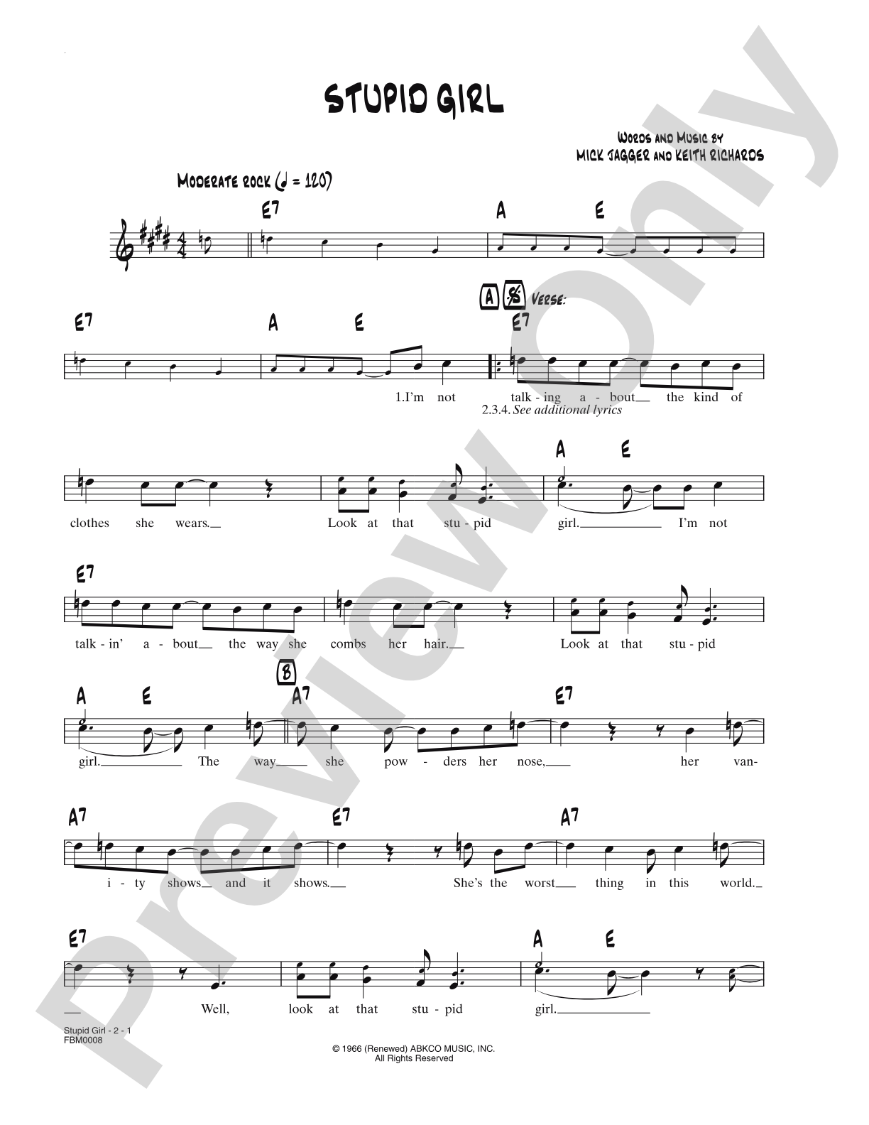 Stupid Girl: Lead Sheet