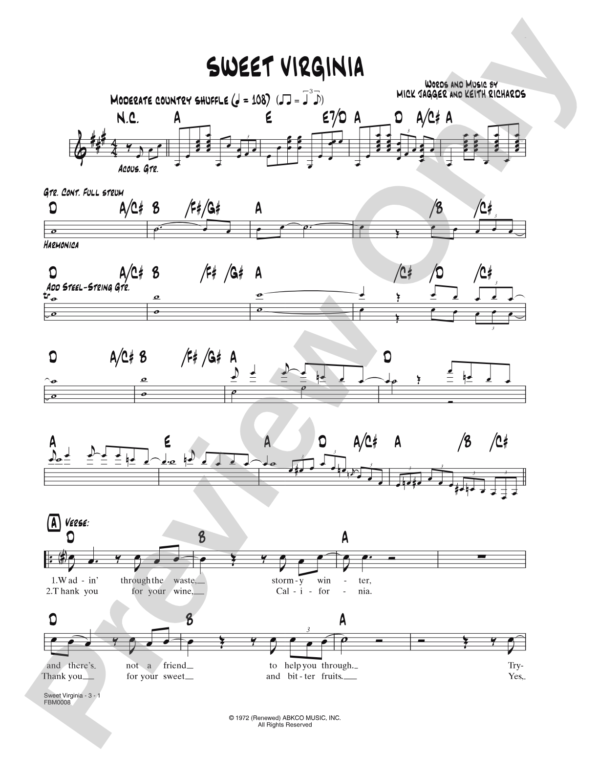 Sweet Virginia: Lead Sheet