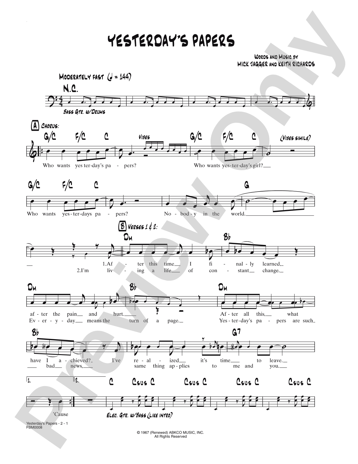 Yesterday's Papers: Lead Sheet