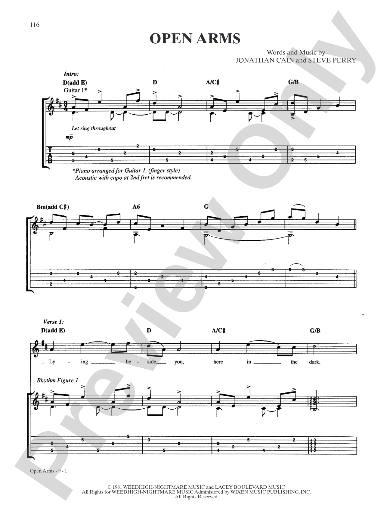 Open Arms: Authentic Guitar TAB