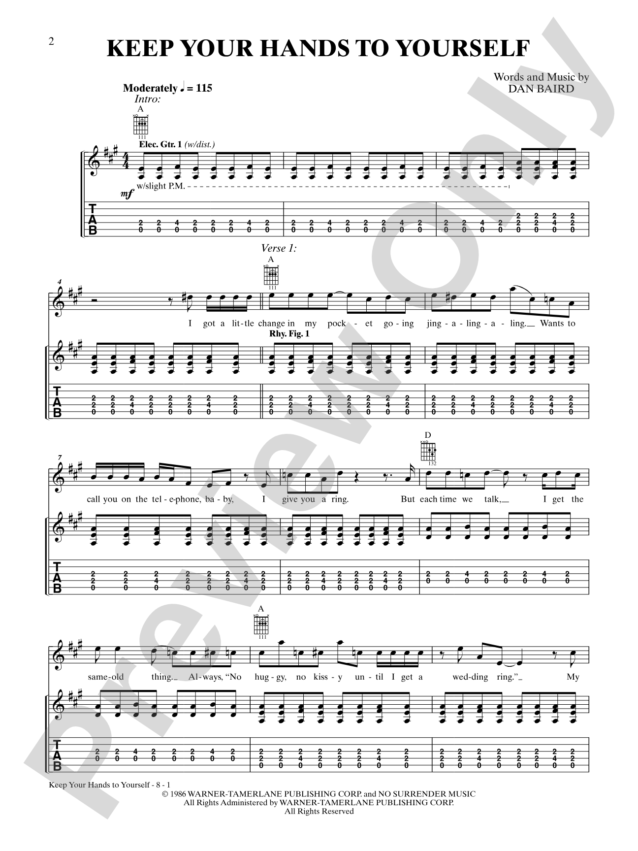 Keep Your Hands to Yourself: Authentic Guitar TAB Digital Sheet Music