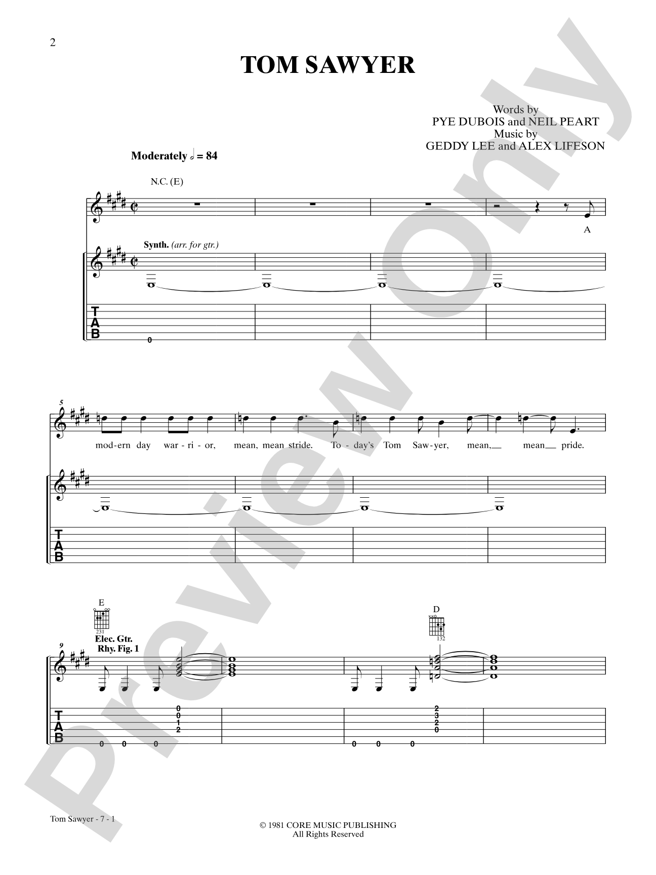Tom Sawyer: Easy Guitar Digital Sheet Music