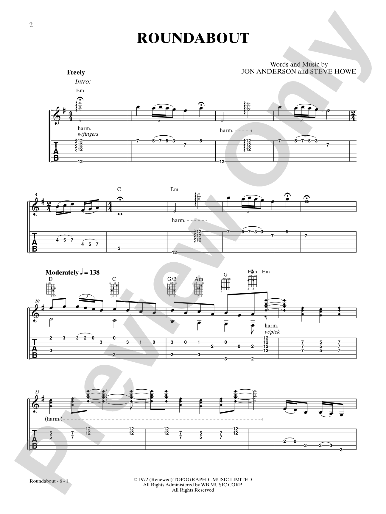 Roundabout: Easy Guitar Digital Sheet Music
