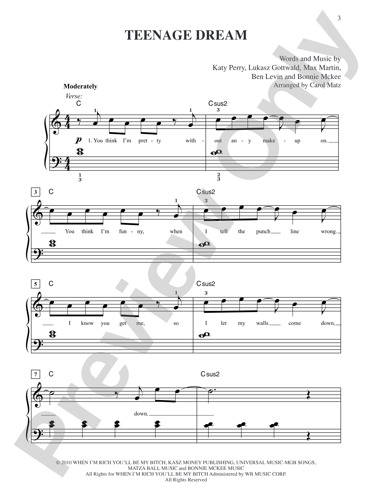 Teenage Dream: Big note Piano
