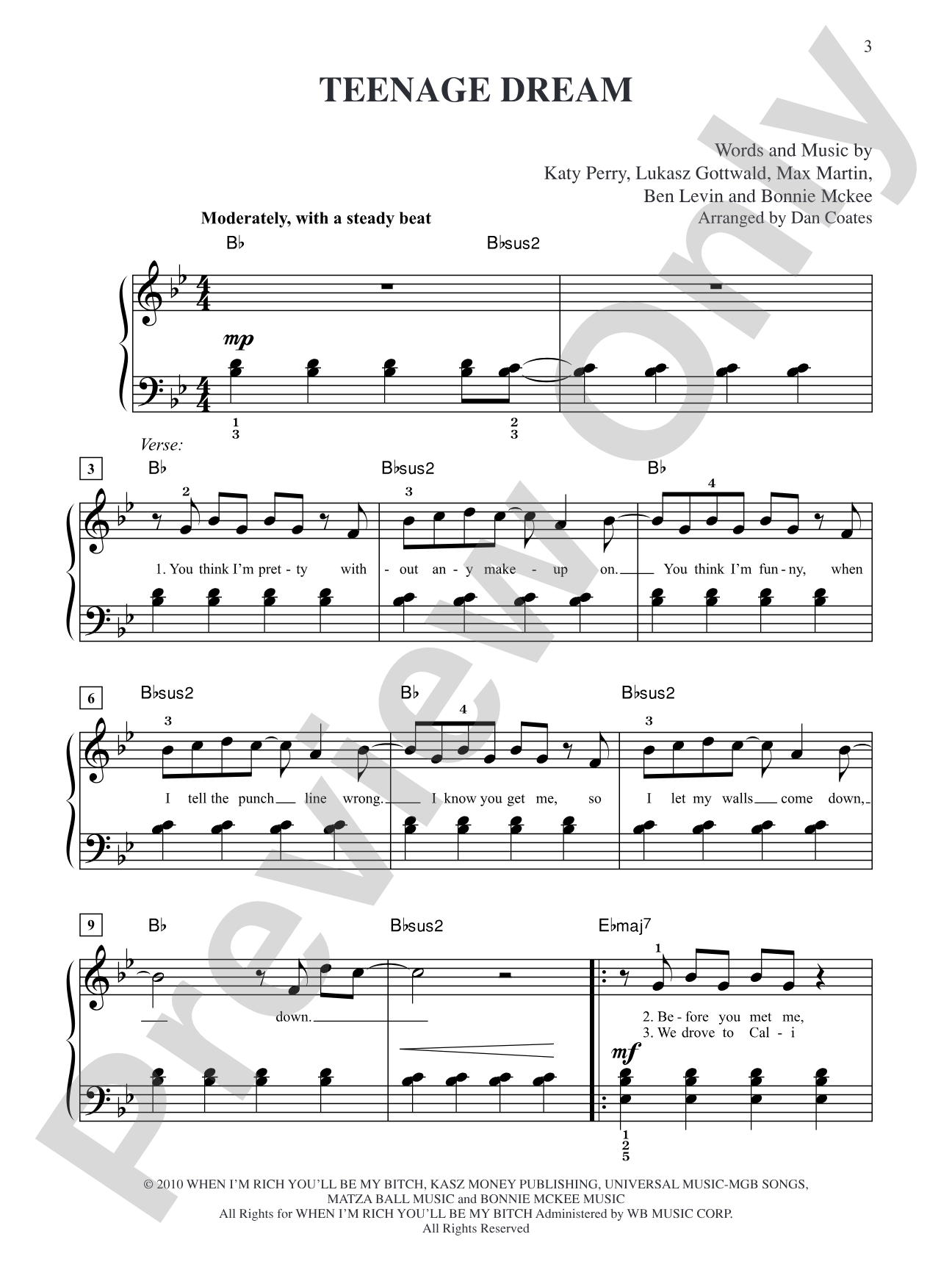 Teenage Dream: Easy Piano