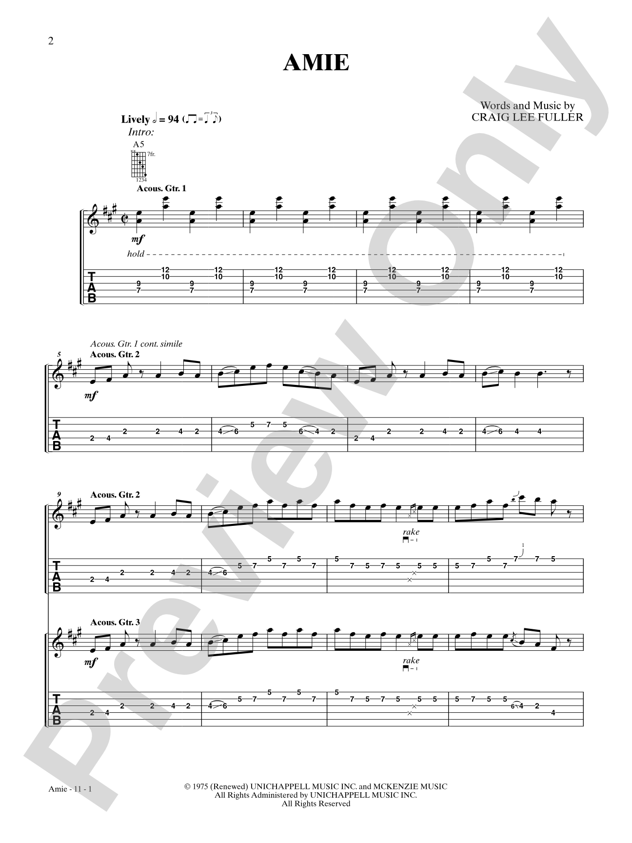 Amie: Authentic Guitar TAB Digital Sheet Music