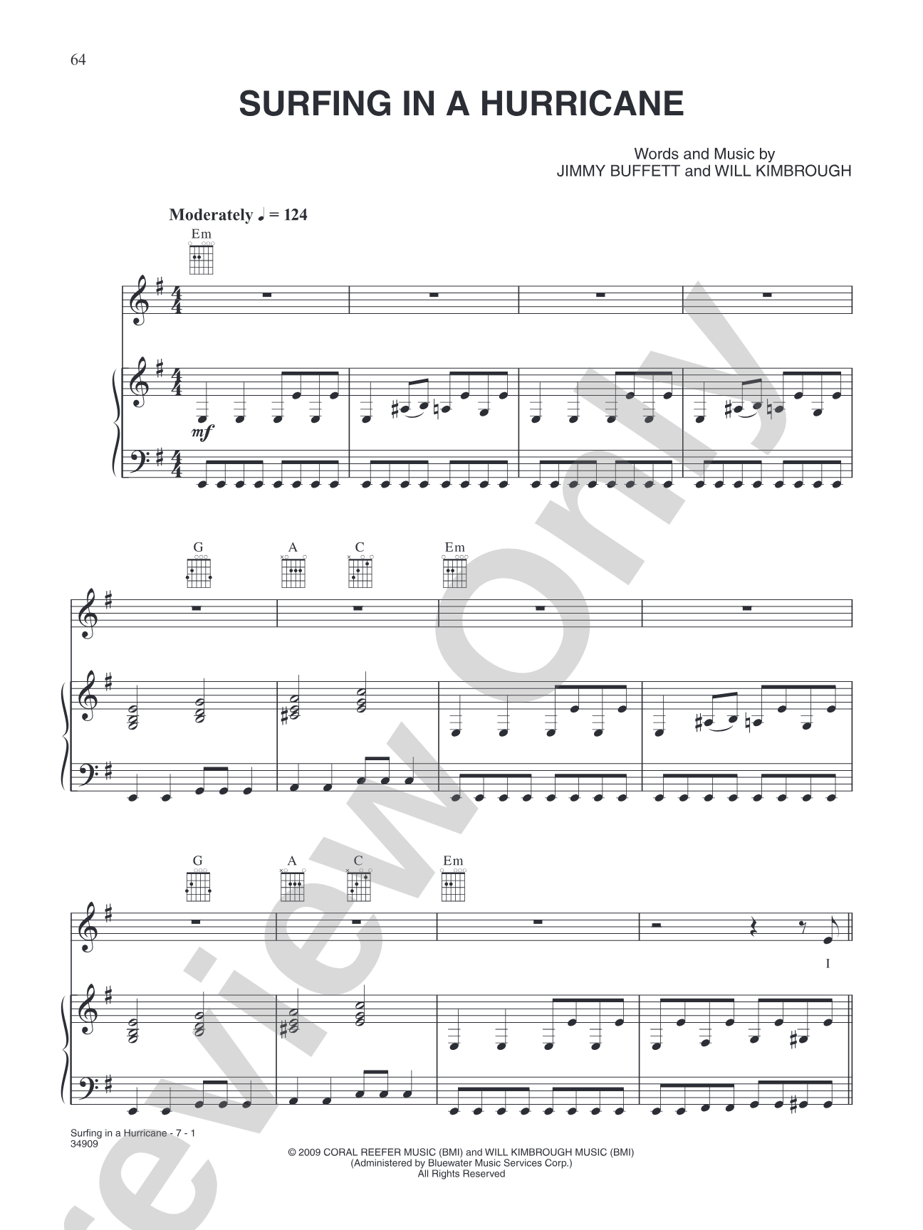 Surfing In a Hurricane: Piano/Vocal/Chords