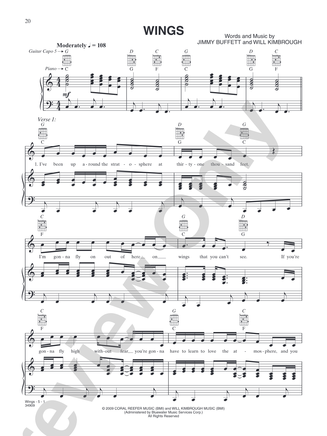 Wings: Piano/Vocal/Chords