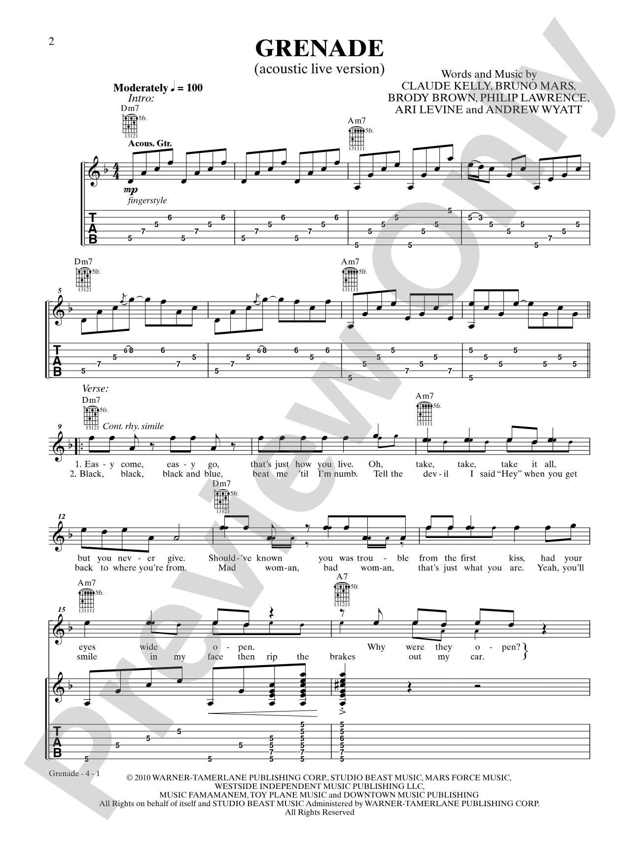 Grenade (live/acoustic version): Authentic Guitar TAB