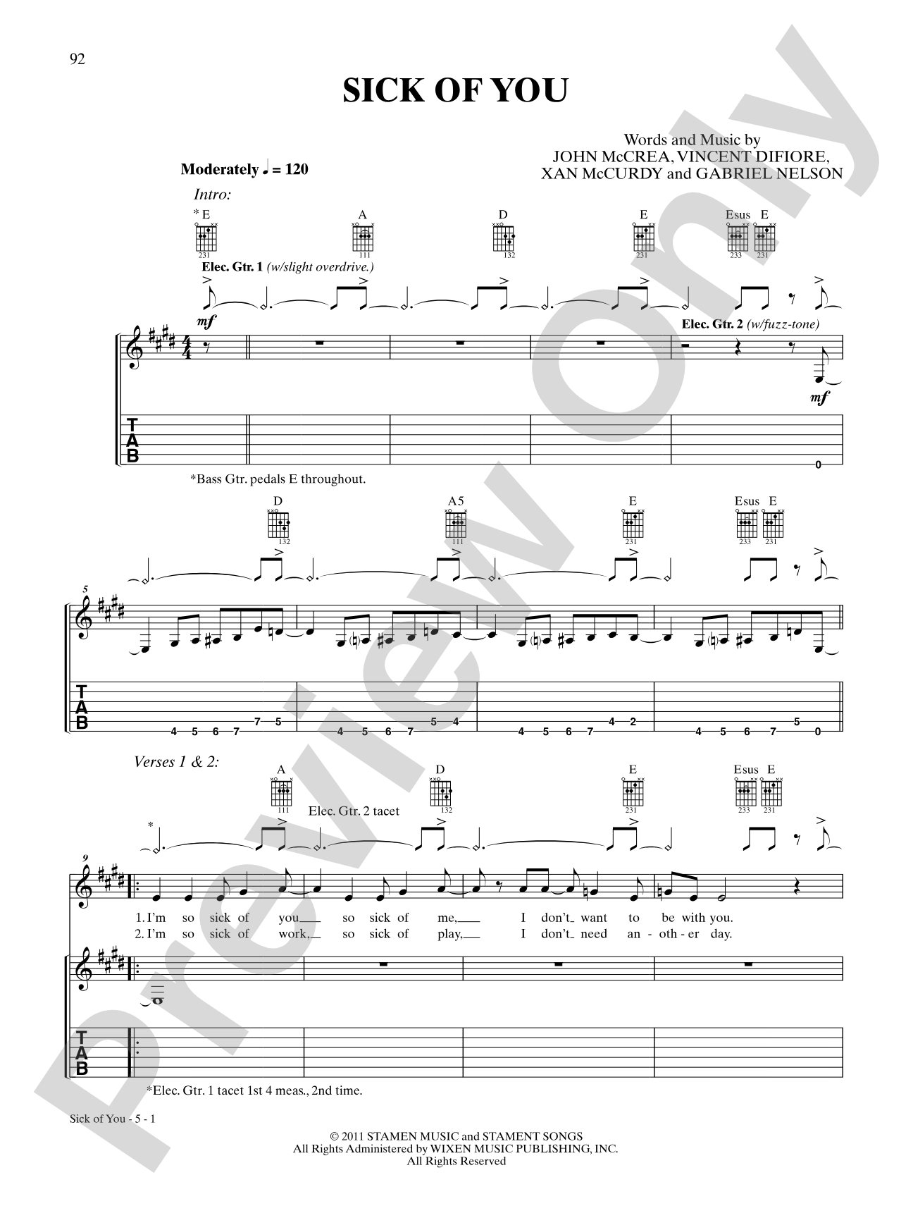 Sick of You: Authentic Guitar TAB