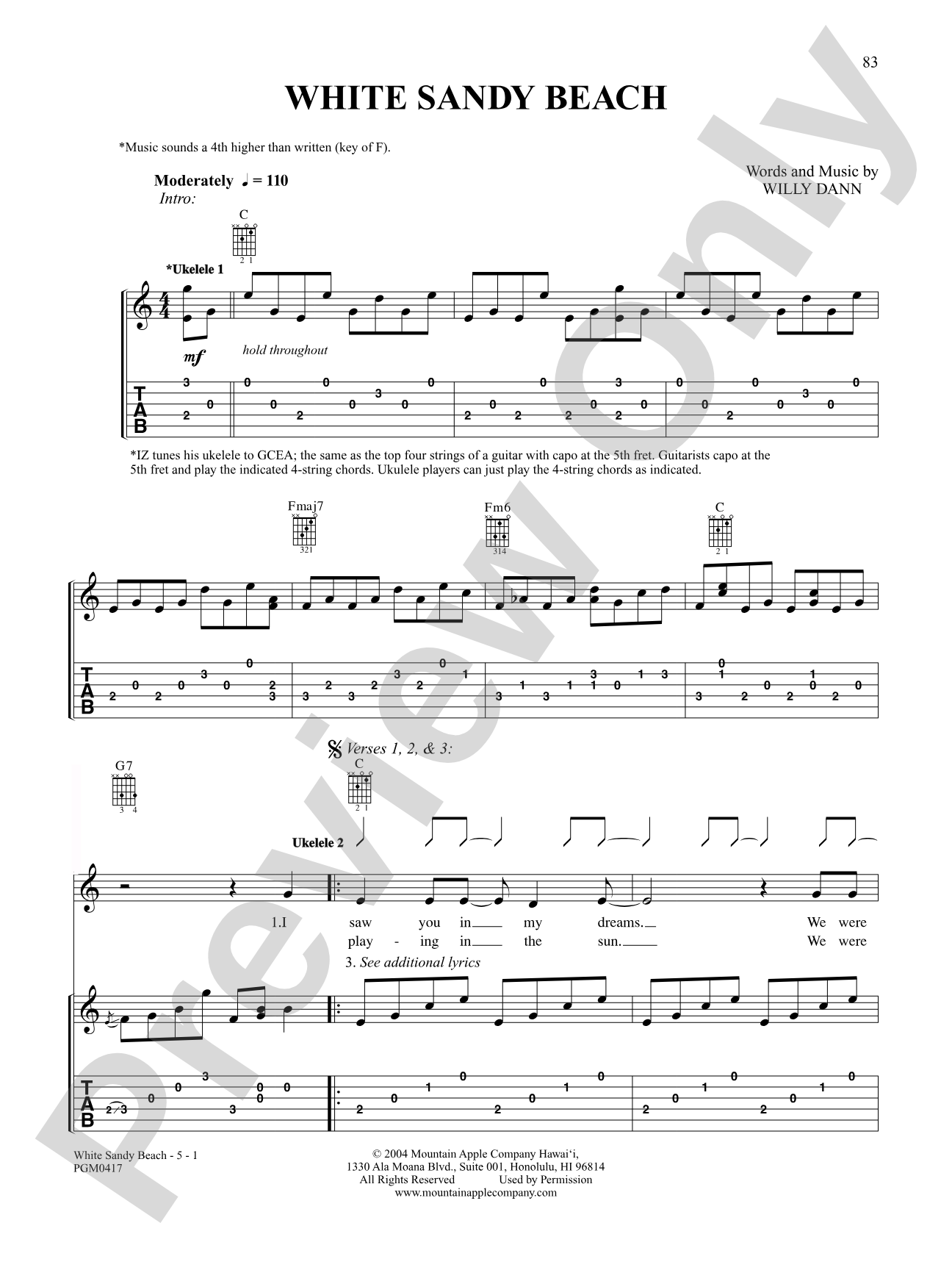 White Sandy Beach: Ukulele TAB