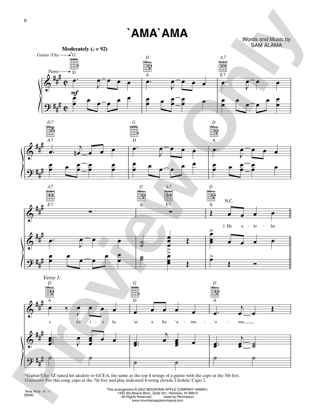 'Ama 'Ama: Piano/Vocal/Chords