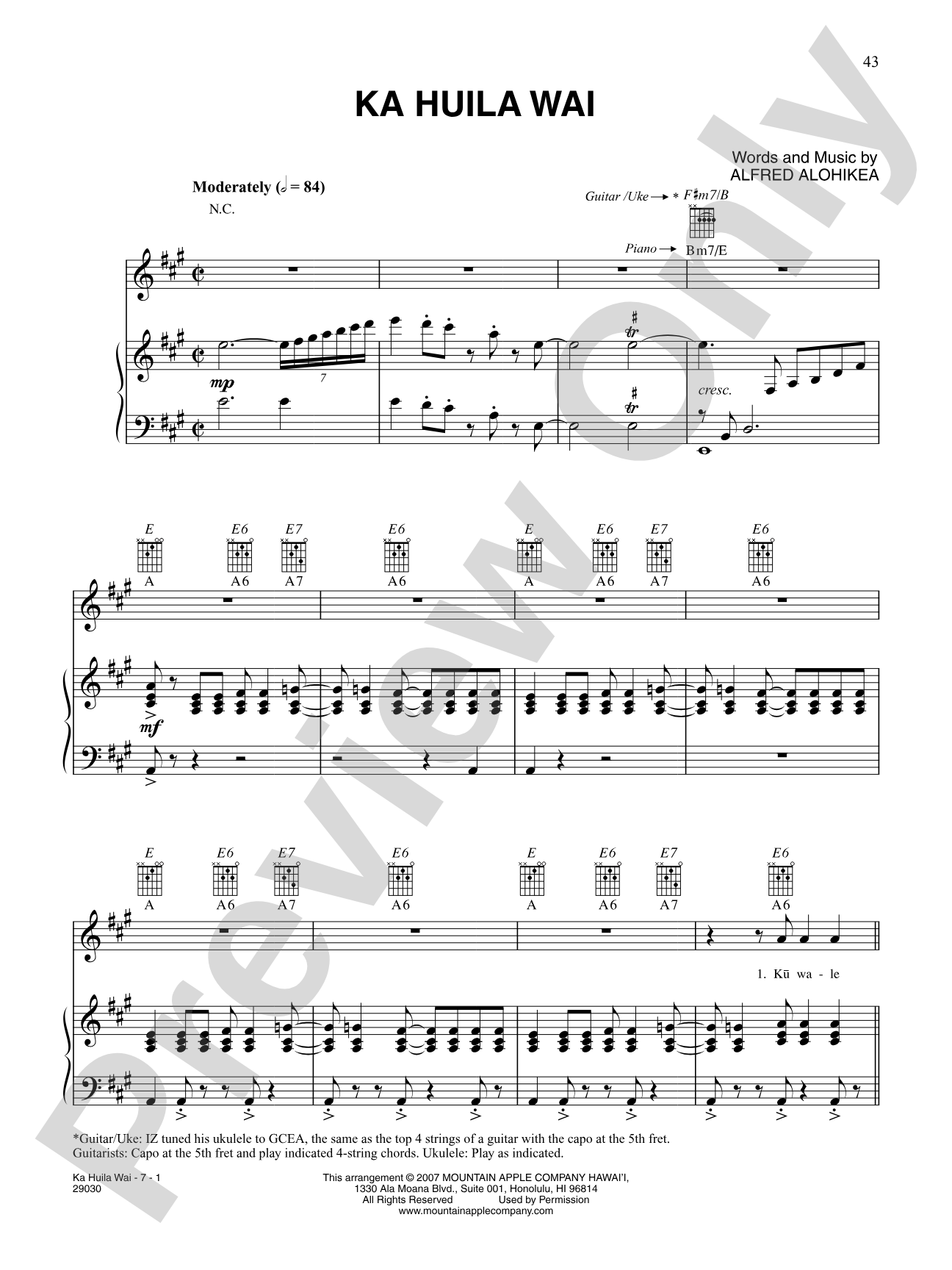 Ka Huila Wai: Piano/Vocal/Chords