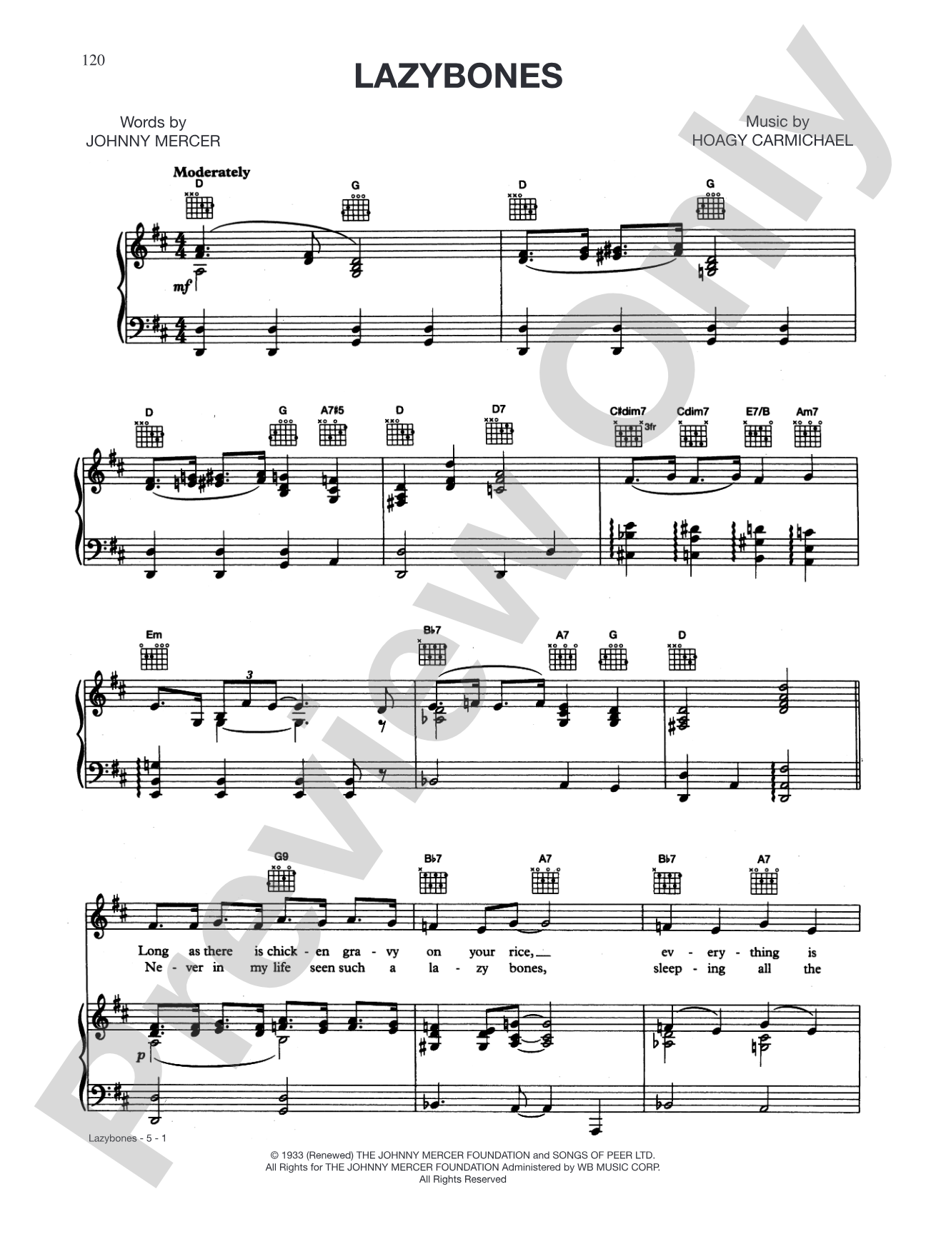Lazy Bones: Piano/Vocal/Chords
