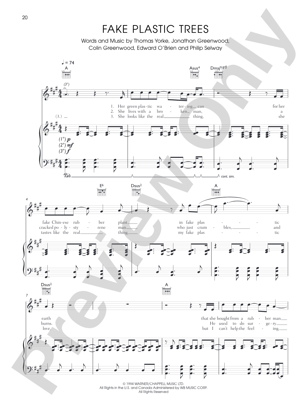 Fake Plastic Trees: Piano/Vocal/Chords