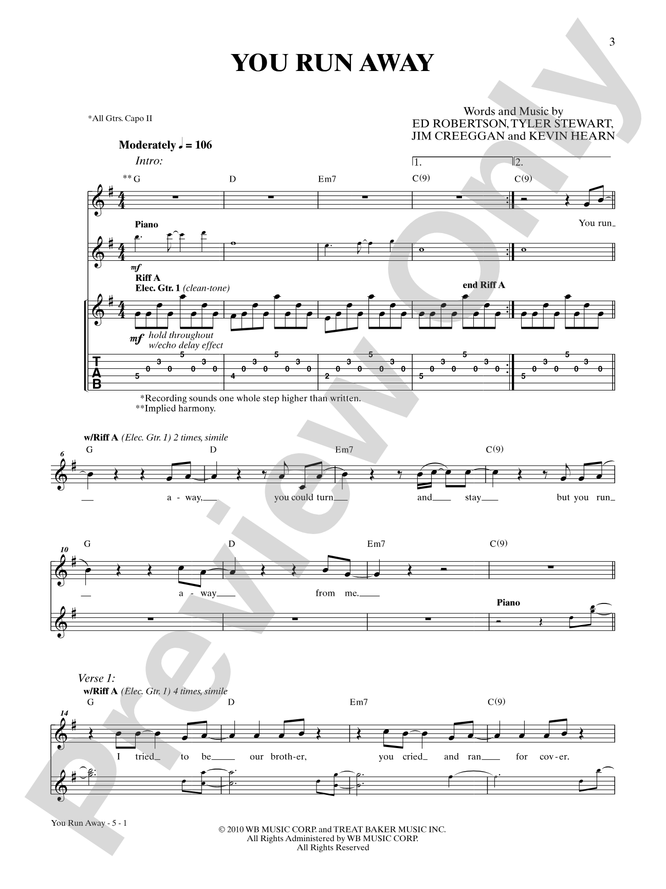 You Run Away: Authentic Guitar TAB