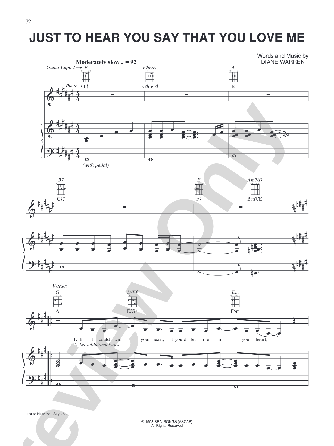 Just To Hear You Say That You Love Me: Piano/Vocal/Chords