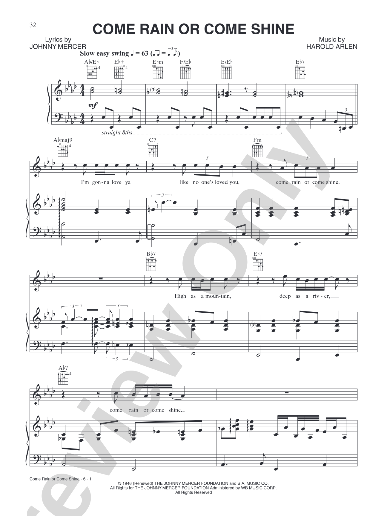 Come Rain Or Come Shine: Piano/Vocal/Chords