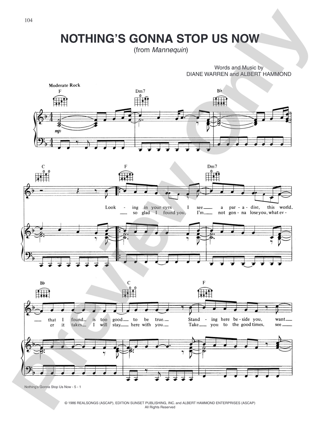 Nothing's Gonna Stop Us Now: Piano/Vocal/Chords