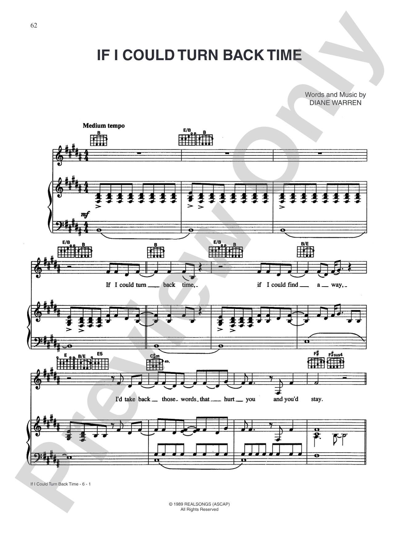 If I Could Turn Back Time: Piano/Vocal/Chords