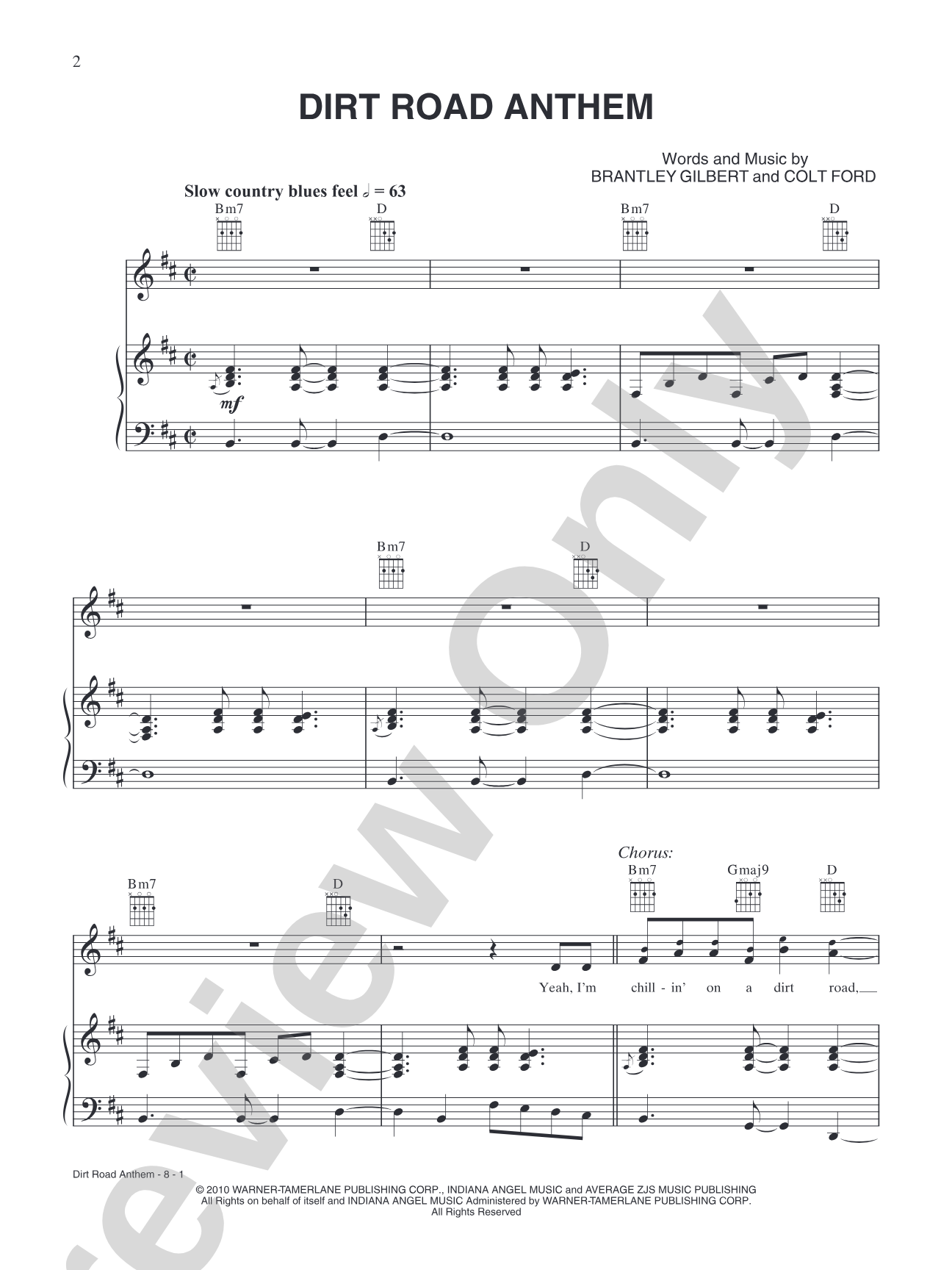 Dirt Road Anthem: Piano/Vocal/Chords