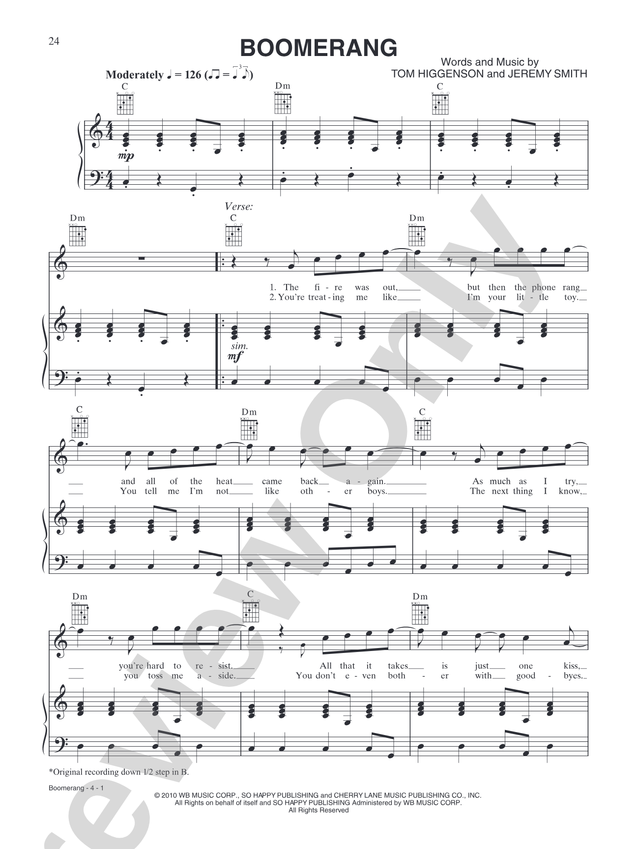 Boomerang: Piano/Vocal/Chords